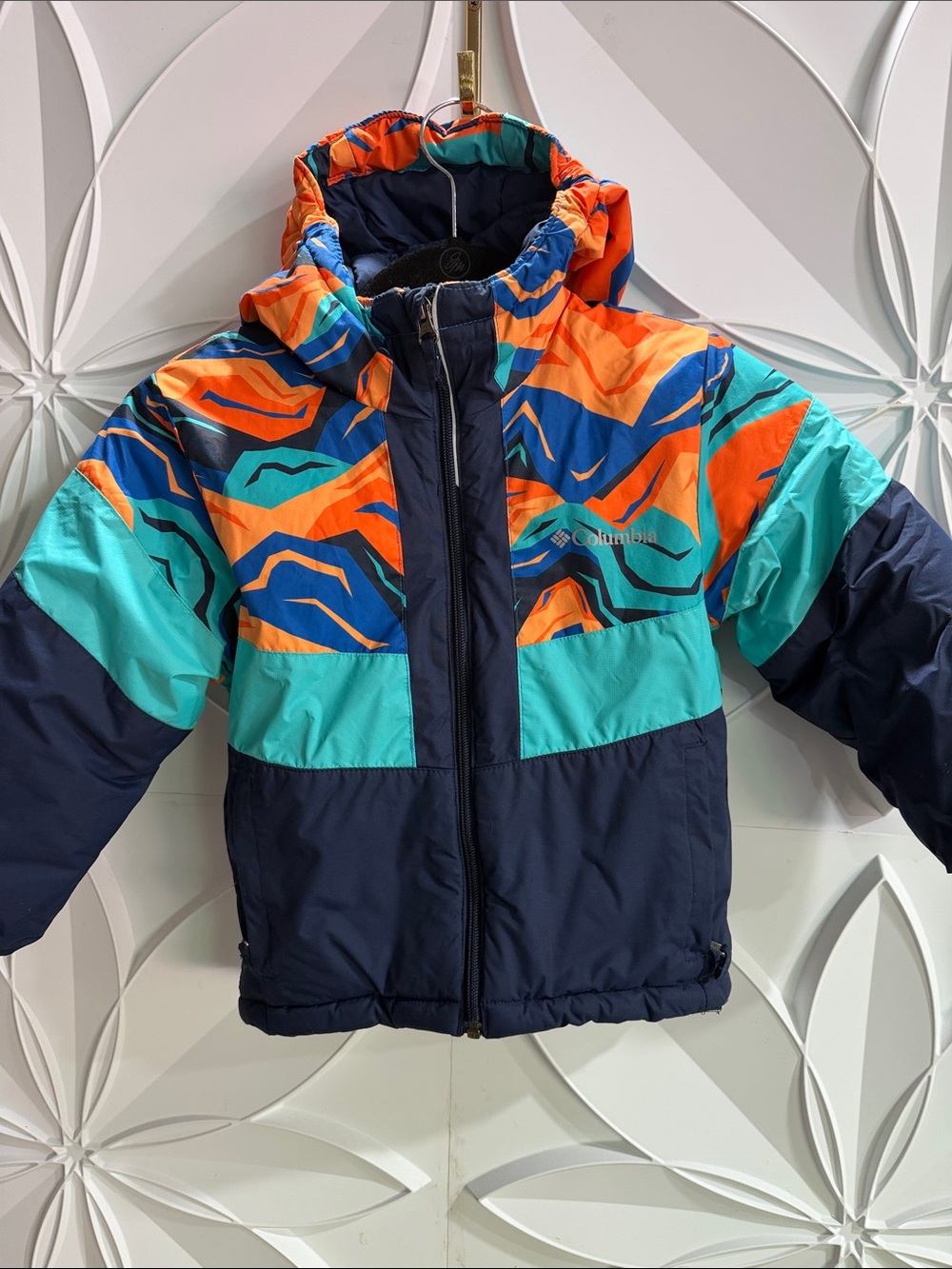 Columbia Kids Hooded Colorblock Puffer Jacket - Navy, Teal & Orange